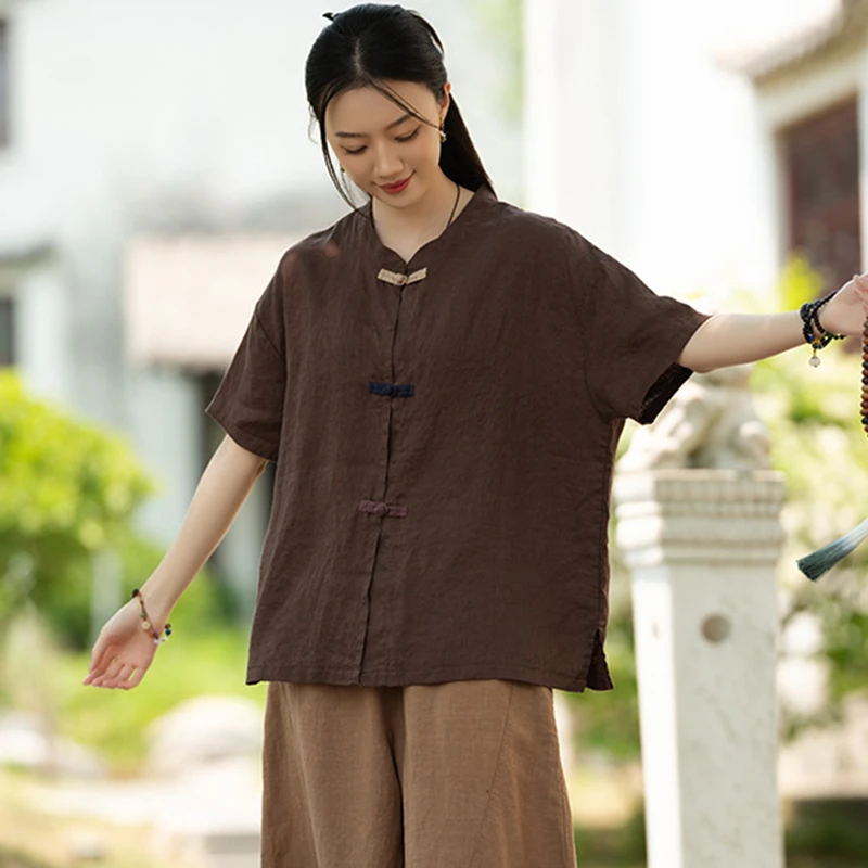 Style chinois femmes coton lin chemise décontractée nouveauté 2025 été Vintage col montant femme à manches courtes hauts chemises M1643
