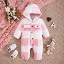 0-24 Months Baby girl Plush Hooded Color Blocked Checkered Long sleeved Jumpsuit Cute Baby girl Winter Warm Crawling Suit