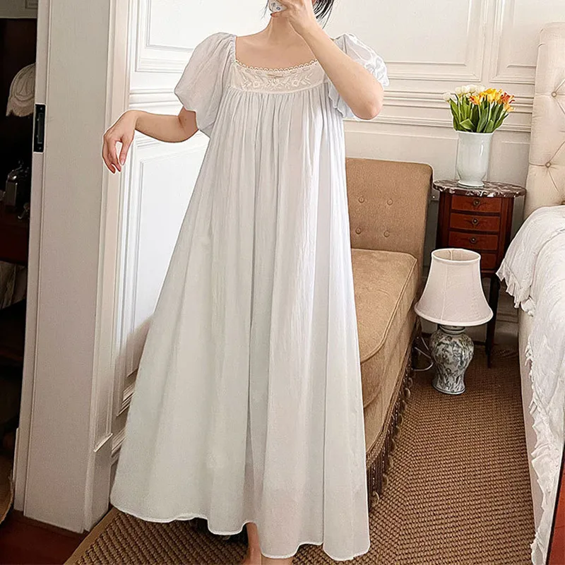 Women French Style Vintage Nightgown Princess Sweet Embroidery Long Nightdress Summer Short Puff Sleeve Cotton Sleepwear Nightie