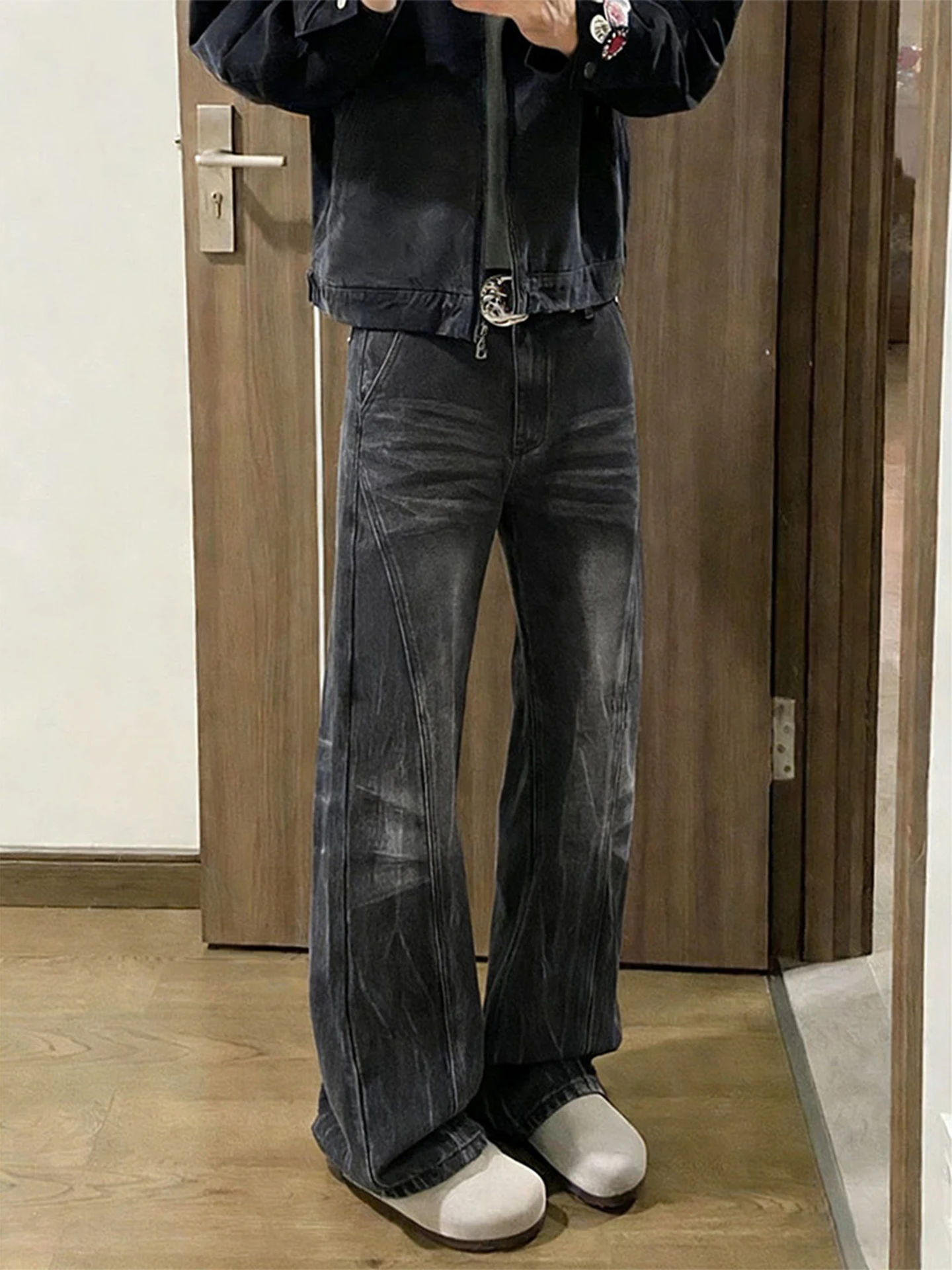 

Cleanfit Bla Lightning Pattern Slanted Cut Knife Jeans Men's American Vibe Straight Leg Slimming Flared Pants Casual Jeans