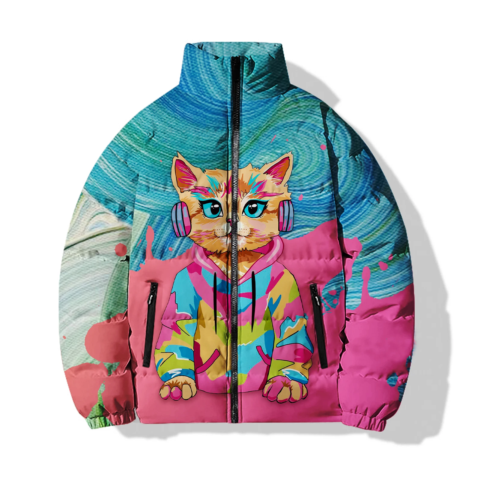 Musical Cat Print Man Jackets Trendy Fashion Parkas Casual and Versatile Men\'s Winter Coats Comfortable and Warm Mens Coat Parka