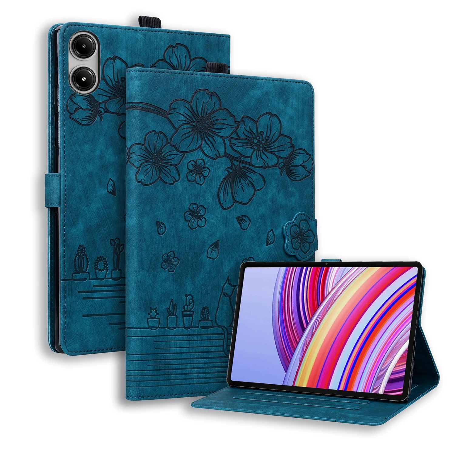 

For Xiaomi Redmi Pad Pro / Pad Pro 5G / Pad 2 Pro Case Card Slots Leather Tablet Stand Folio Cover Flower Cat - Blue