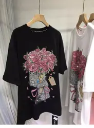 女性用半袖コットンTシャツ,花付きベアバック,特大トップス,ラインストーン,ラージサイズ,150kg, XL-4XL