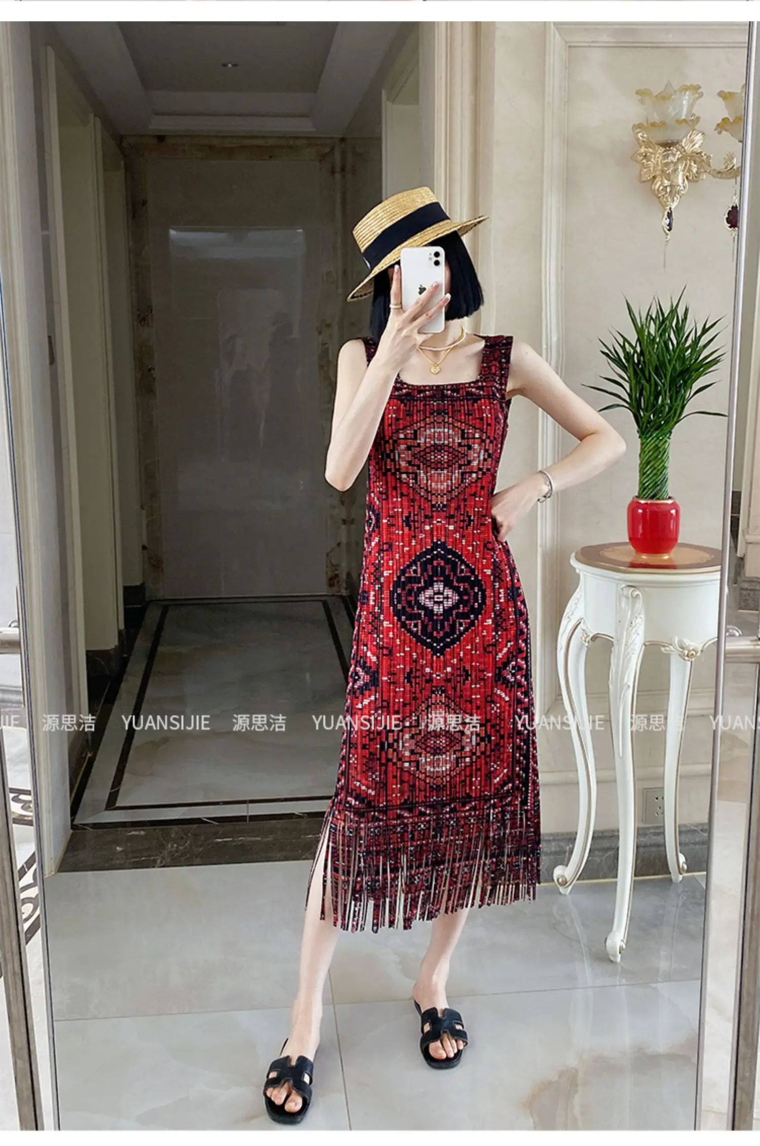 

HOT SELLING Miyake pleated retro printed square collar fringed tank top tassel dress IN STOCK