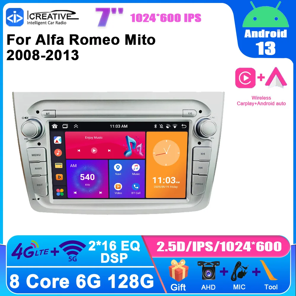 Wireless Apple CarPlay Android Auto For Alfa Romeo Mito 2008-2013 Car Multimedia Video Audio Player BT Stereo Navigation GPS HU