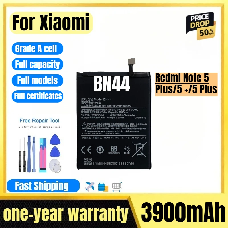 

BN44 for Xiaomi Redmi Note 5 Plus/5 +/5 Plus Phone Battery High Quality High Capacity Replacement Bateria Grade A Cell with Tool