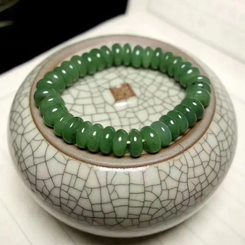 

Natural Hetian Russian Material Jasper Spinach Green Jade Peace Bracelet