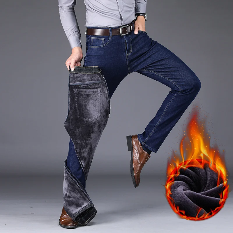 ผู้ชายใหม่ขนแกะกางเกงยีนส์ฤดูหนาว Thicken Plush กํามะหยี่ธุรกิจสํานักงาน DENIM กางเกงแบรนด์เสื้อผ้ายืดสบายๆกางเกงชาย