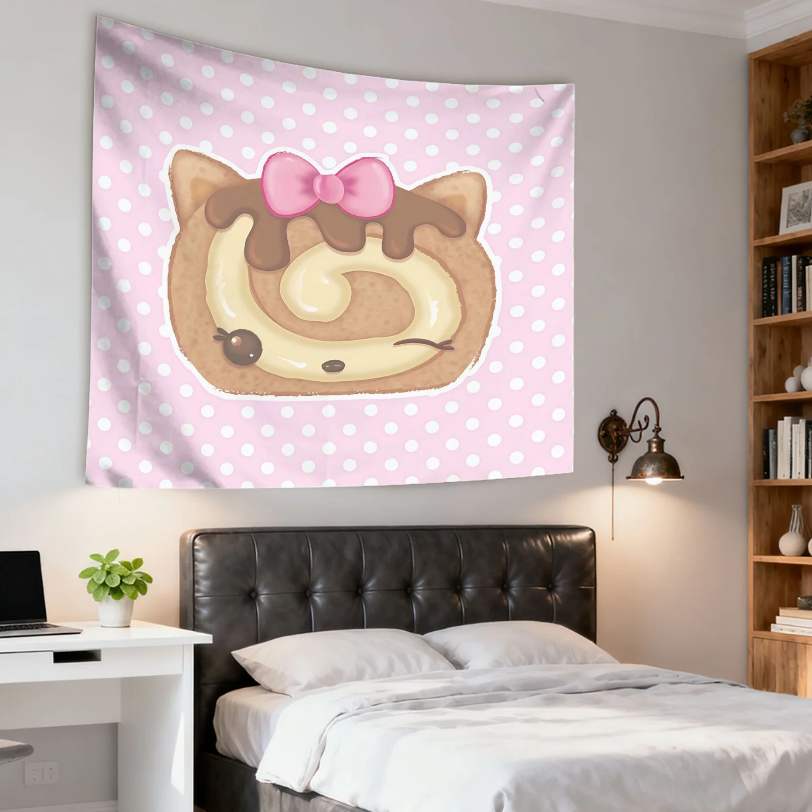 1pc Cute Cat Ear Swiss Roll Cake Tapestry Pink Polka Dot Wall Hanging Aesthetic Room Decor Pink Room Decor Girls Dorm Bedroom