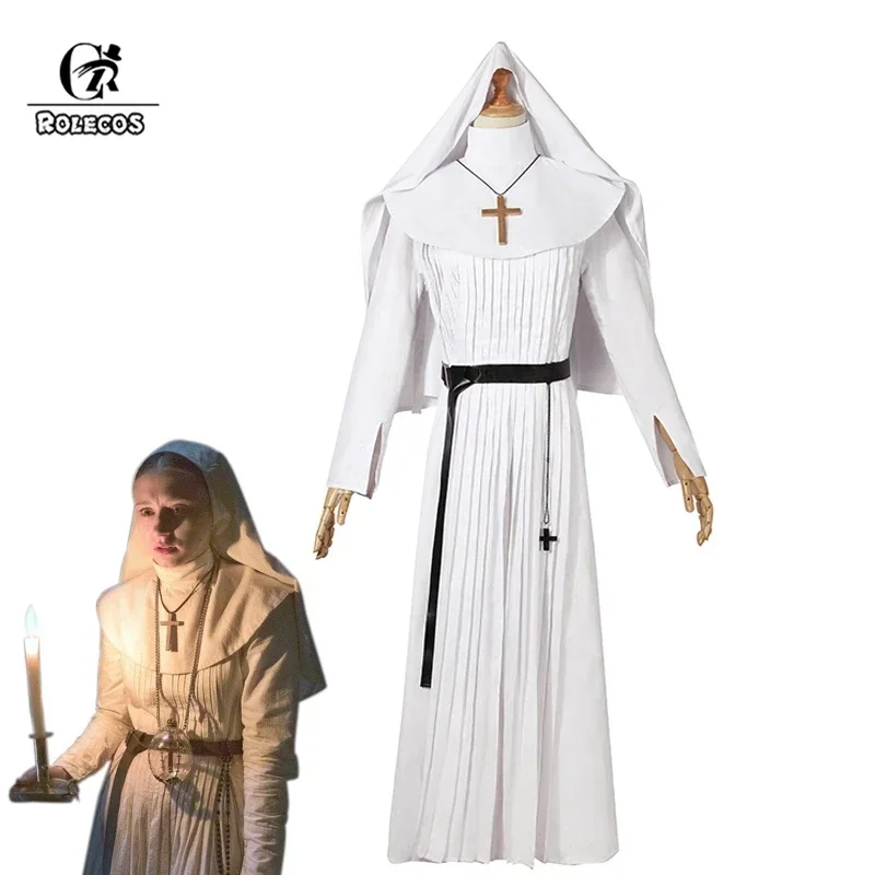 ROLECOS Nun Halloween Costume for Women The Nun Cosplay Costume Sister Irene White Cosplay 2023 Horror Films Party Dress