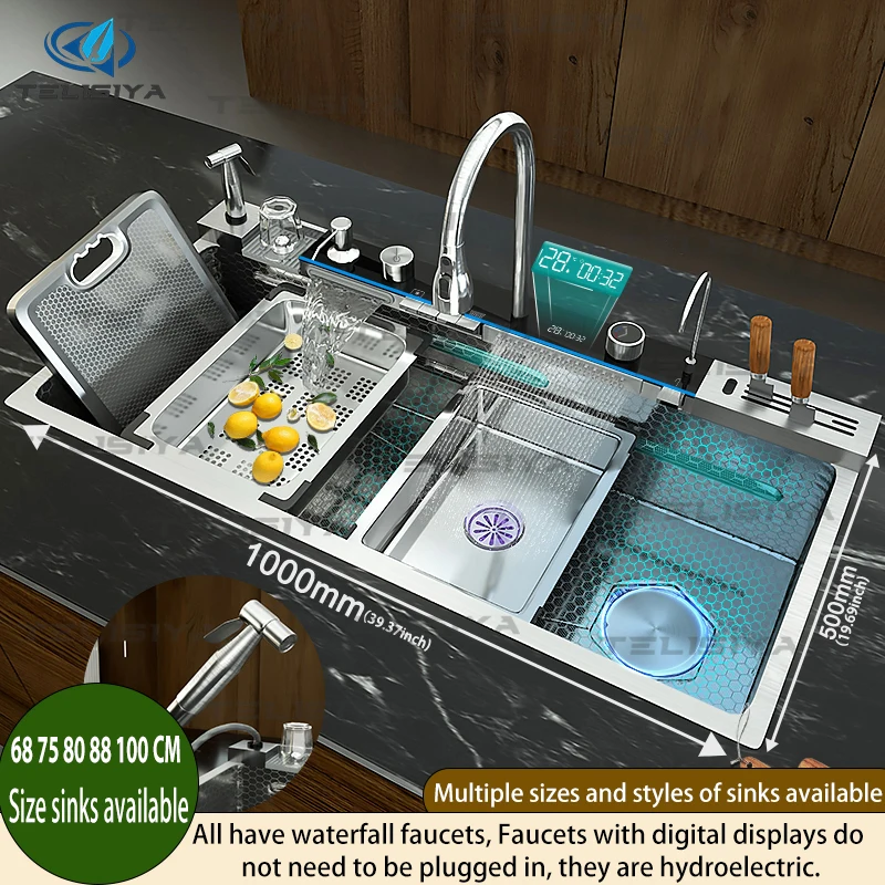 

Stainless Steel Kitchen Sink Multifunctional Digital Display Waterfall Large Single Slot With Rack For Knife Wash Dish Basin