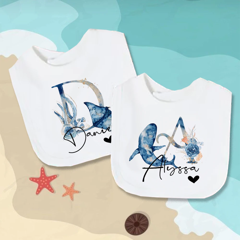 Personalized Baby Bibs Letter Name Boy Girl Cotton Bib Ocean Animal Printed Newborn Saliva Towel Bib Infant Birthday Shower Gift