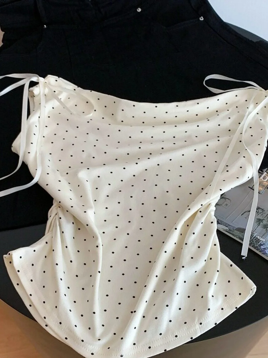 

Korean Style Polka Dot Sash One Shoulder Sleeveless Women's T-Shirt Summer New High Quality Waist Cinching Beautiful Small Top