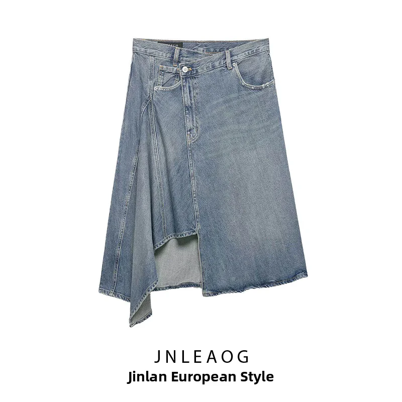 

Новинка весенней коллекции: Асимметричная джинсовая юбка для женщин, французский повседневный стиль, средняя талия, А-силуэт, из полиэстера