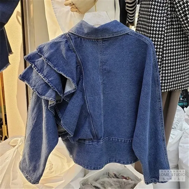 V-neck Solid Ruffled Denim Jacket Loose Korea Fashion Chic Casual Trend Women Long-sleeved Korea Autumn 2023 Short Jean Coat