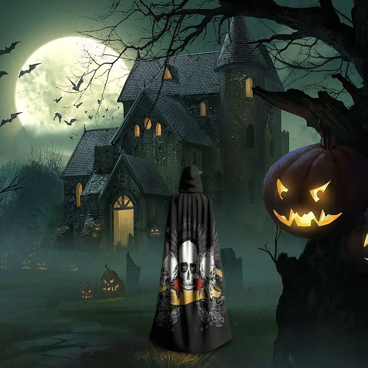 เสื้อคลุมยาวมีฮู้ดลายหัวกะโหลกสำหรับวันแห่งความตาย ชุดแม่มดยุคกลาง คอสเพลย์ ผ้าคลุมฮาโลวีน สำหรับผู้ใหญ่ ทุกเพศ