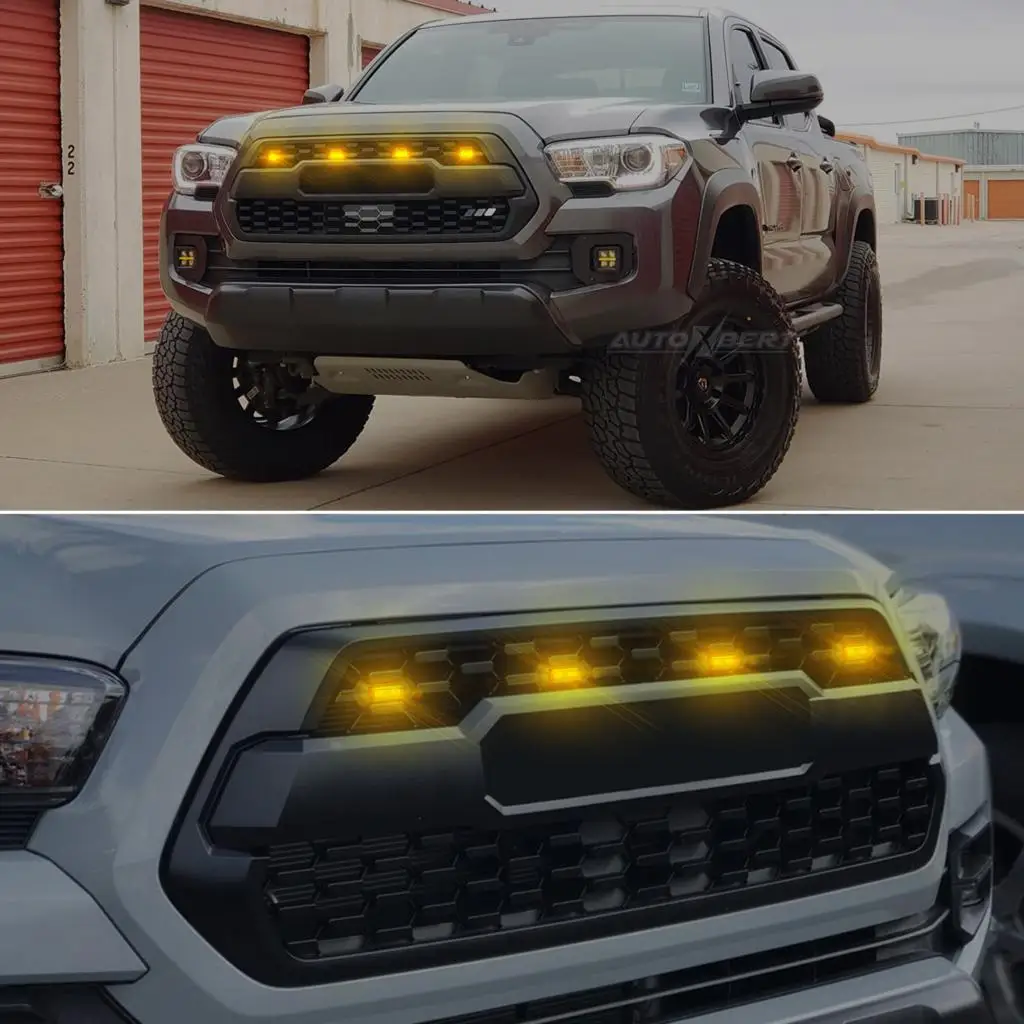 

Комплект из 4-х светодиодных фонарей для передней решетки радиатора (12В, янтарно-желтый/оранжевый) с проводкой для Toyota Tacoma 2016-2020 с TRD Pro