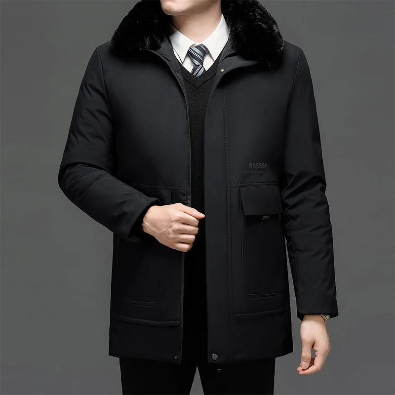 2024 Coat Men\'s Cotton Jacket Winter Clothing Middle-aged And Elderly Thickened & Warm Wool Collar Mid Length Overalls For Men