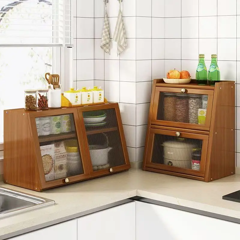 Bamboo Kitchen Storage Cabinet with Acrylic Door Tableware Storage Rack Desktop Storage Drawers Organizer Dish Display Cabinet