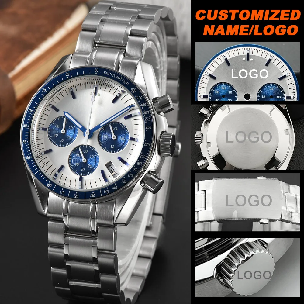 Montre à Quartz pour hommes, Logo personnalisé, mouvement VK-63, 39.7mm, luxe, mode décontractée, étanche 50M, nom personnalisé