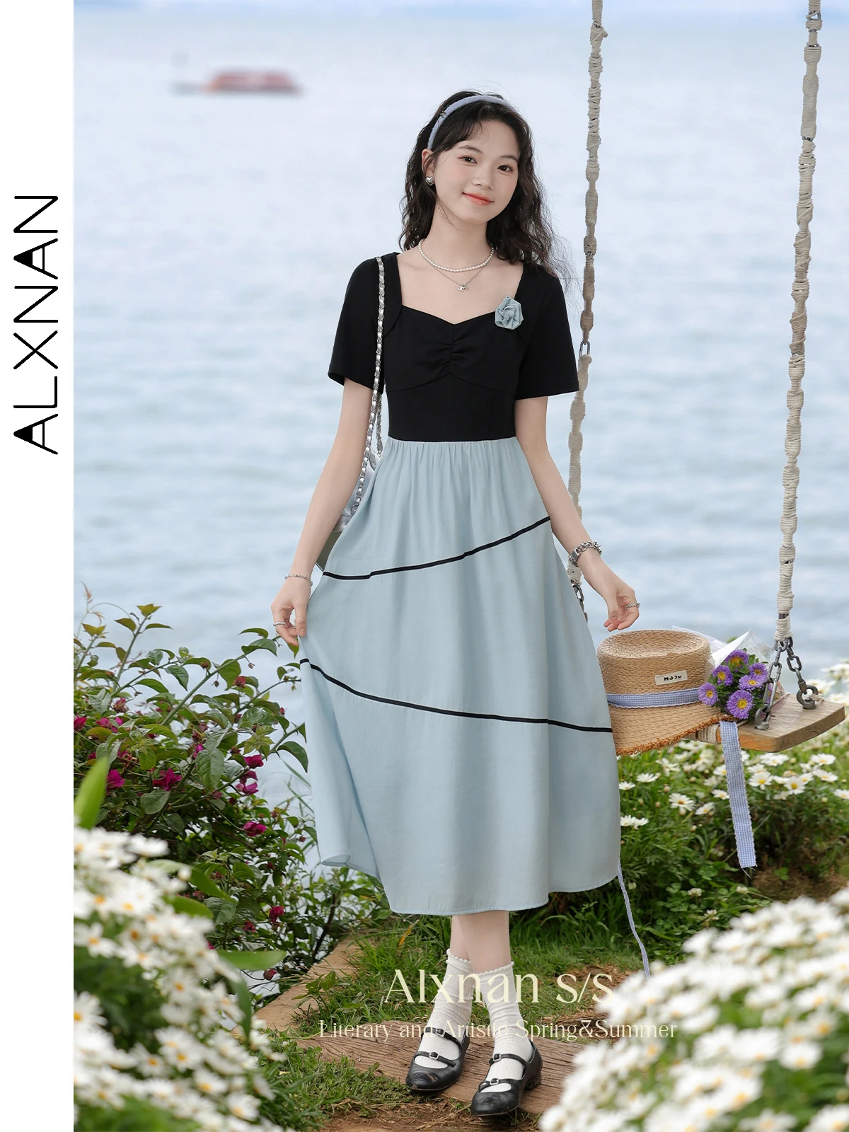 ALXNAN Women's Frenchy Summer Vacation Dresses 2024 Fashion Contrast Patchwork Short Sleeve Midi Dress Womans Clothes L37529