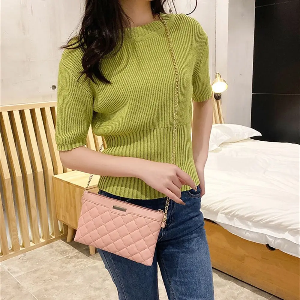 Stylish Wristlet Bag PU Leather Envelope Purse Chain Shoulder Crossbody Handbags Portable Party Clutch Bags Pure Color Wallet