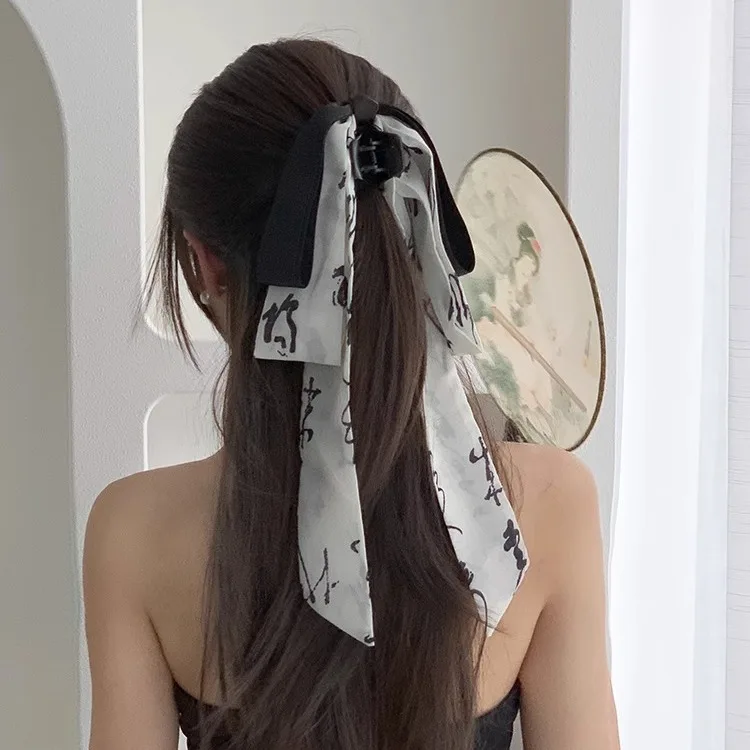 New Chinese Style Ink Painting Bow Streamer Hair Claw Clip Headwear for Women Vintage Ribbon Large Hairpin Hair Accessories