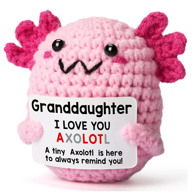 

Funny Crochet Axolotl Doll with Positive Energy Card Emotional Support Handmade Knitted Figurines Desktop Ornament Home Decor