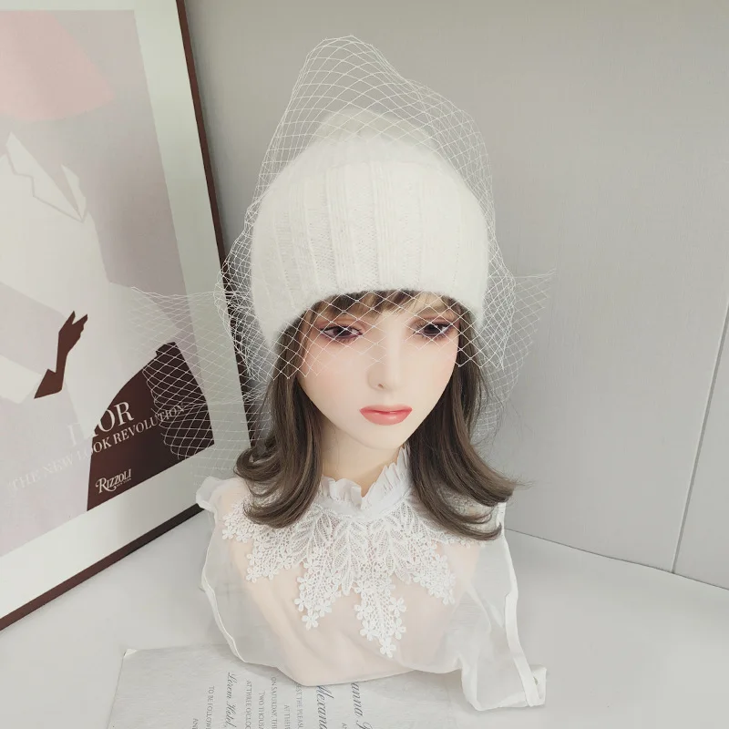 قبعة الحجاب النساء الشتاء الأنجورا قبعة متماسكة أسود أبيض دافئ ملحق للطقس البارد الخريف الرياضة التزلج في الهواء الطلق الطرف