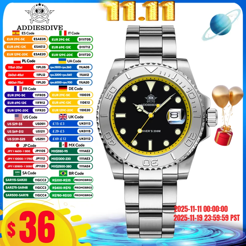 

ADDIESDIVE Quartz Steel Watches AD2040 BGW9 Super Luminous 316L Stainless Steel 200M WaterproofMen's Watch