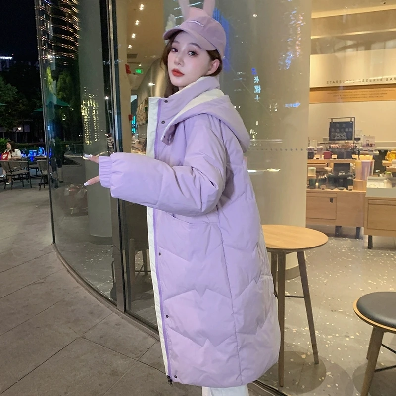 Oversize Bread Hooded Down Cotton Coat Women Winter New Mid-Length Top Thick Cotton Outwear Lady Warm Clothing Windproof Jackets