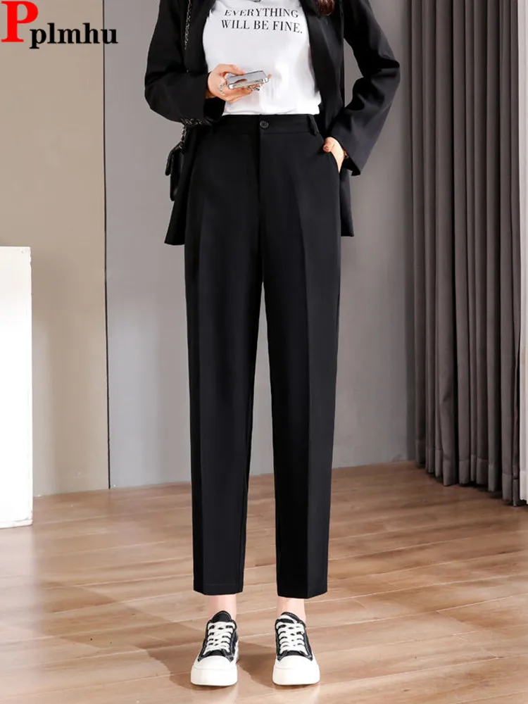 

Ol Korea Ankle-length Harem Suit Pantalones Casual High Elastic Waist Broek Classic Elegant Straight Pants Women Office Spodnie