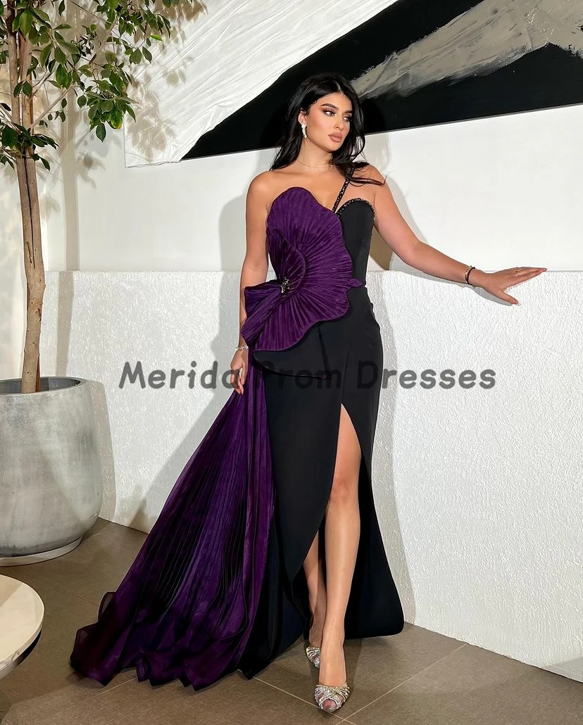 

Popular Purple Prom Dresses One-Shoulder Pleated Mermaid Ruched Shiny Satin Crepe Beads Arabia Evening Dress Formal Party Gowns