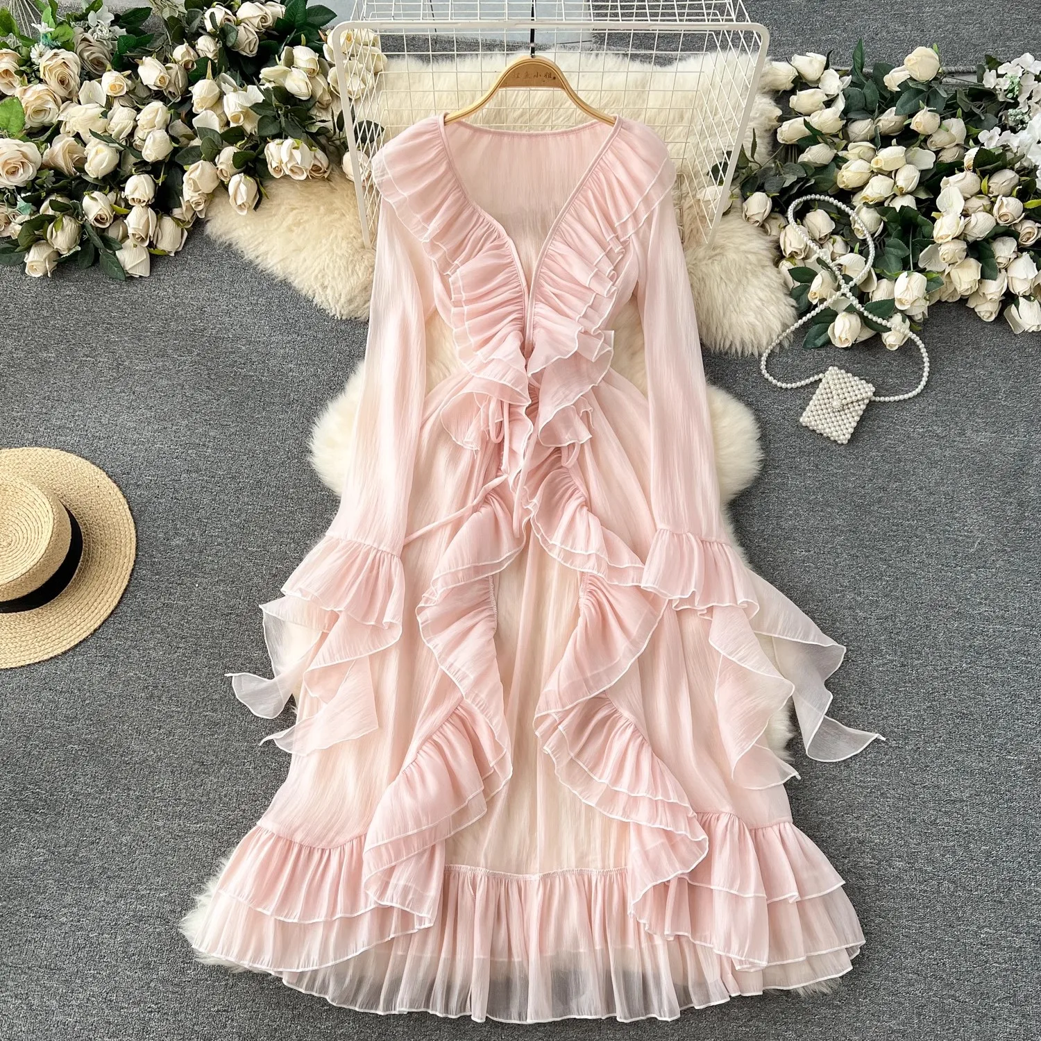 Sweet Fashion Ruffles Pink Long Jacket donna primavera estate manica lunga elegante cappotto Beach Style capispalla Top Chaquetas Mujer