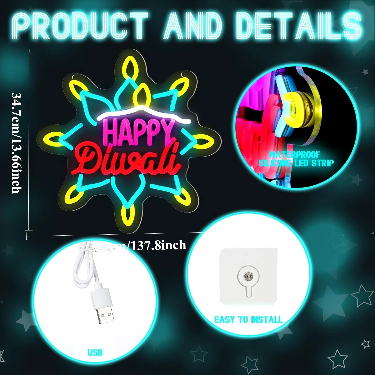 Enseigne néon LED Joyeux Diwal - Decor Lighting India avis et prix
