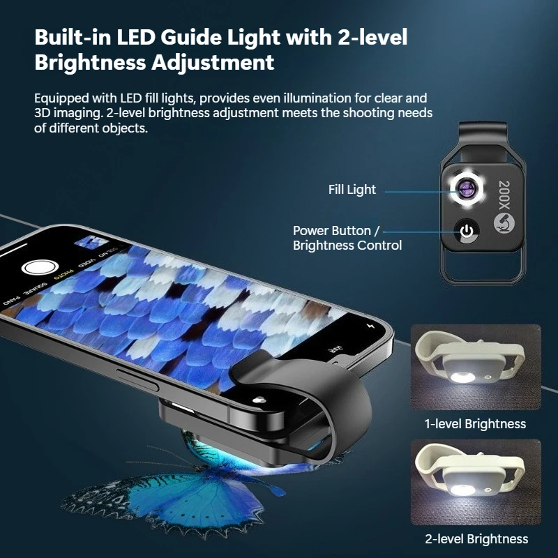 200X Phone Microscope Lens with CPL, Portable HD Digital Microscope with 8 LED Lights