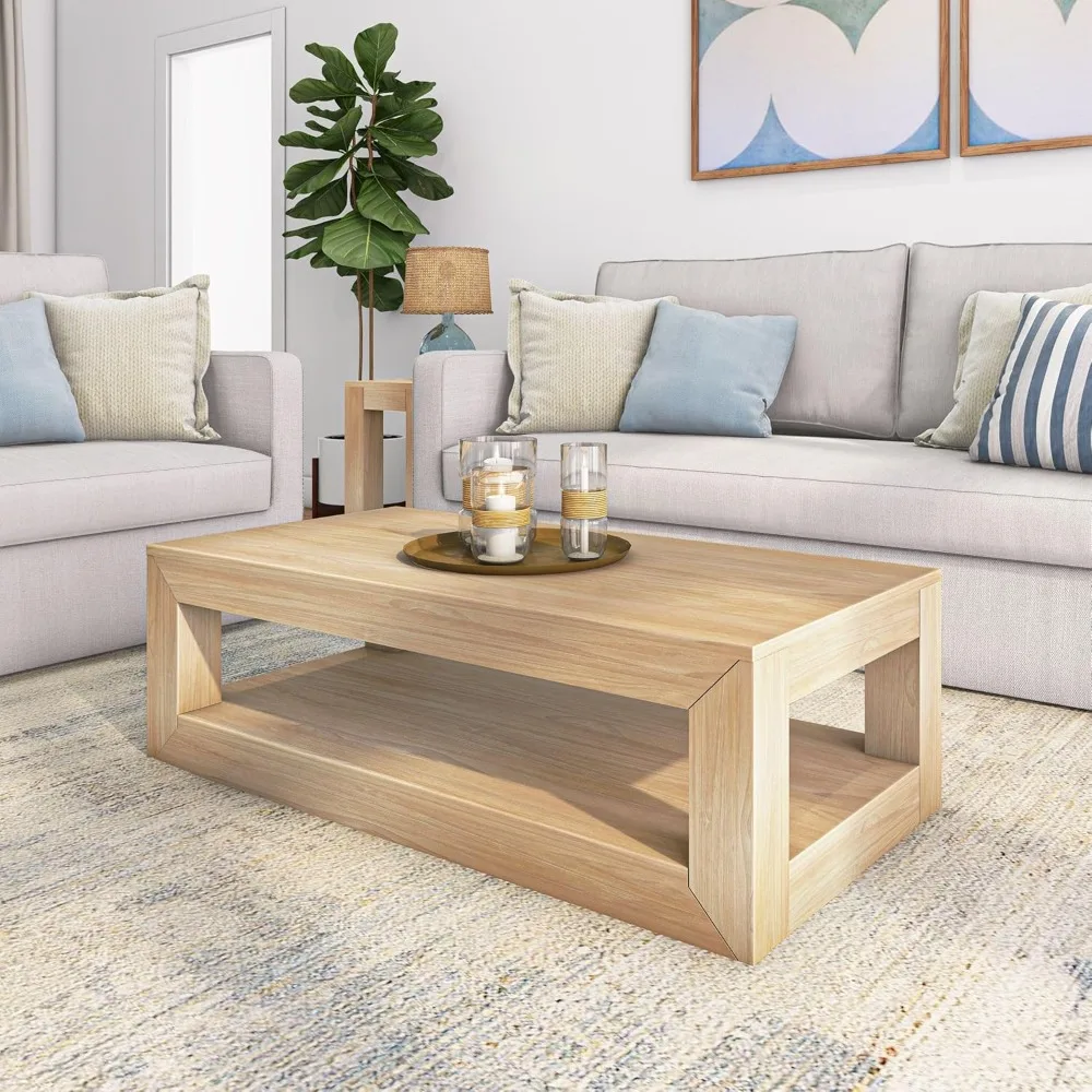 

Modern Rectangular Coffee Table with Shelf, Solid Wood, 48 Inch, Center Table with Storage, 2 Tier Tea Table for Living Room