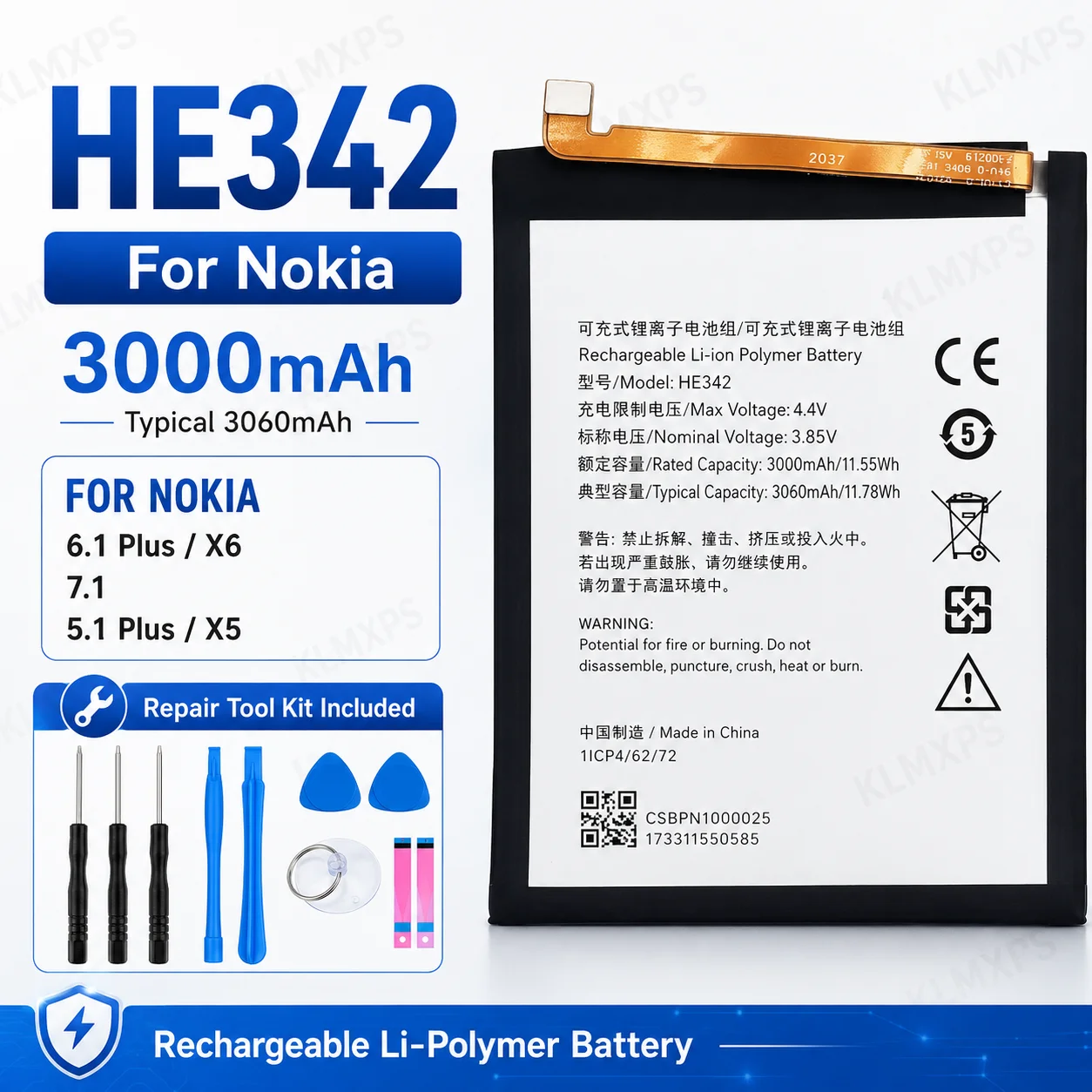 HE342 Battery 3000mAh 3.85V Rechargeable Li Polymer Replacement Battery for Nokia 6.1 Plus X6 7.1 5.1 Plus X5