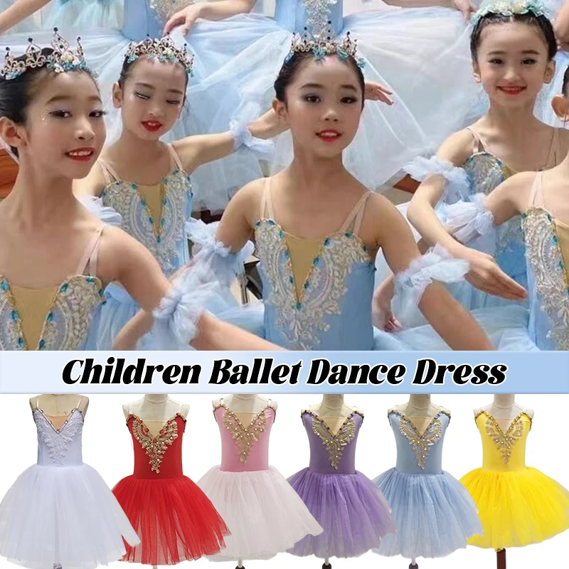 

110-160 Children's Ballet Dance Dress Girls' Dance Costume Stage Performance Practice Leotards Fluffy Tutu Gauze Skirt Dancewear