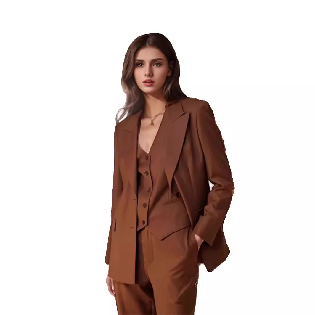 Tesco Fashion Office Sets for Women Casual Brown Pants Sets 2024 Women\'s Suit Blazer+Pants+Vest 3 Piece for Formal Occasion