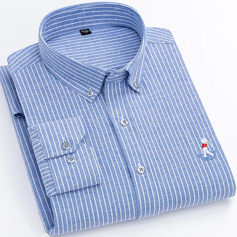 

2023 Oxford Men's Fashion Shirt 100% cotton Business Casual shirt Soft slim striped embroidered shirt Long sleeve clothes