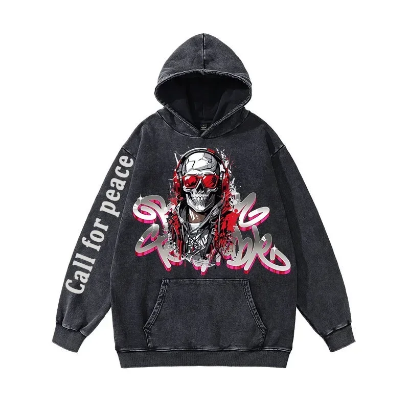 

Skull Print Retro Hoodie Women High Street Trend Gothic Sweatshirt Y2K Sweater Ins Loose Couple Street Hooded Sweatshirt Man