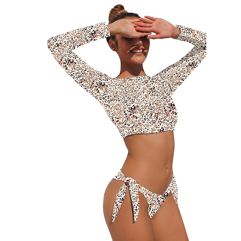 CPUTAN-Conjunto de bikini de dos piezas para mujer, Tankini de manga larga con estampado de leopardo, traje de baño Sexy para surfear, ropa de playa, 2024