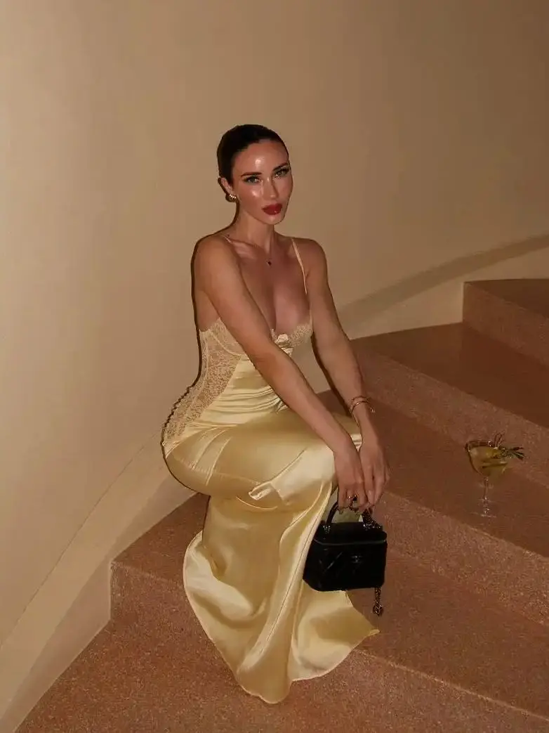 Ofherown Pale Yellow Satin Lace Mermaid Evening Dress Spaghetti Strap Deep V Prom Gowns for Cocktail Party Prom Gala