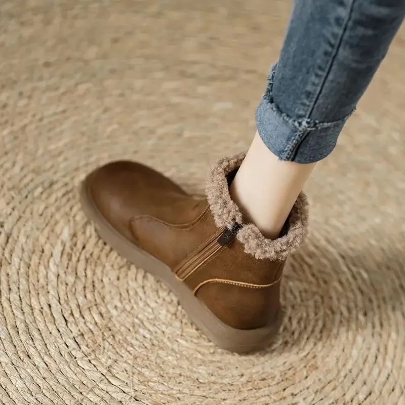 

Женские зимние ботинки на массивном каблуке с молнией до щиколотки, популярная обувь в корейском стиле по акции, удобная и элегантная меховая женская обувь