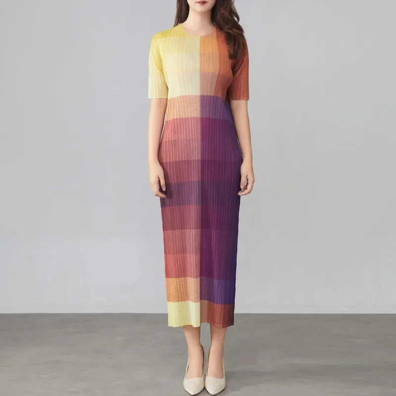 

Miyake модное складное платье женское с круглым вырезом и коротким рукавом повседневные платья с цветными блоками 2023 летнее новое приливо