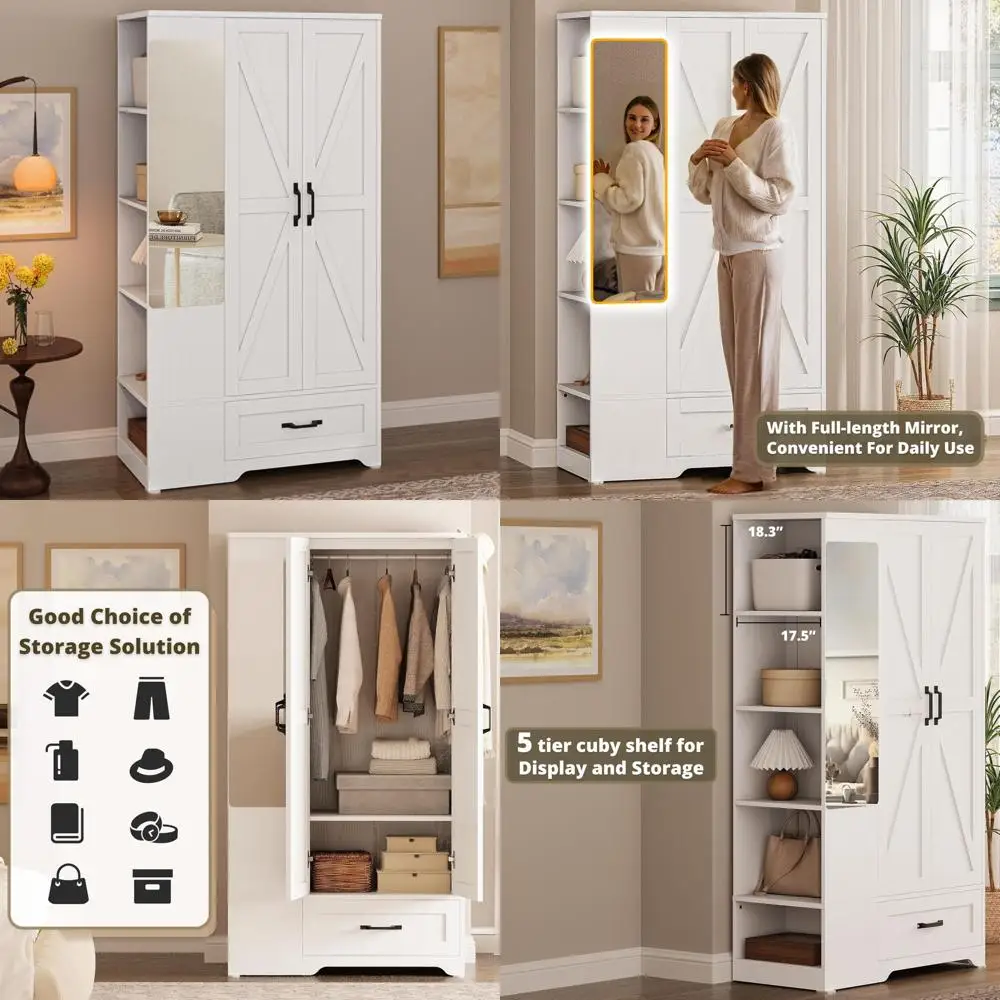 Armário de quarto de madeira de 70 polegadas com portas estilo celeiro, gavetas, espelho de comprimento total e 5 prateleiras