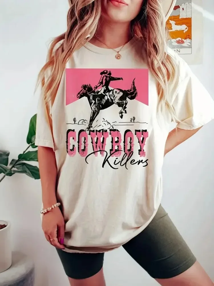 Western Cowboy Print Women T-shirts Lady Crew Neck Oversize Female Clothes Short Sleeve Graphic Tees Steetwear T-Shirt Y2k Tops