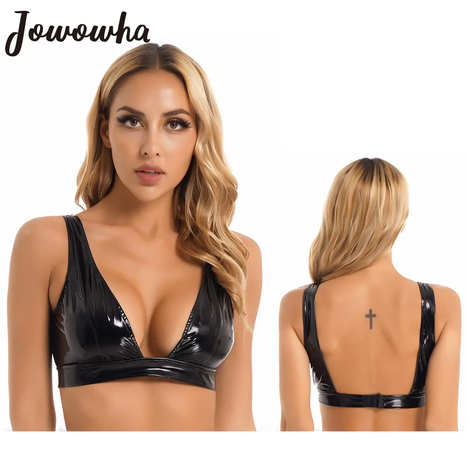 

Women's Wet Look Patent Leather Low-Cut Bra Tops Wire-Free Unlined Bralette Lingerie Underwear Punk Bustier Corset Clubwear