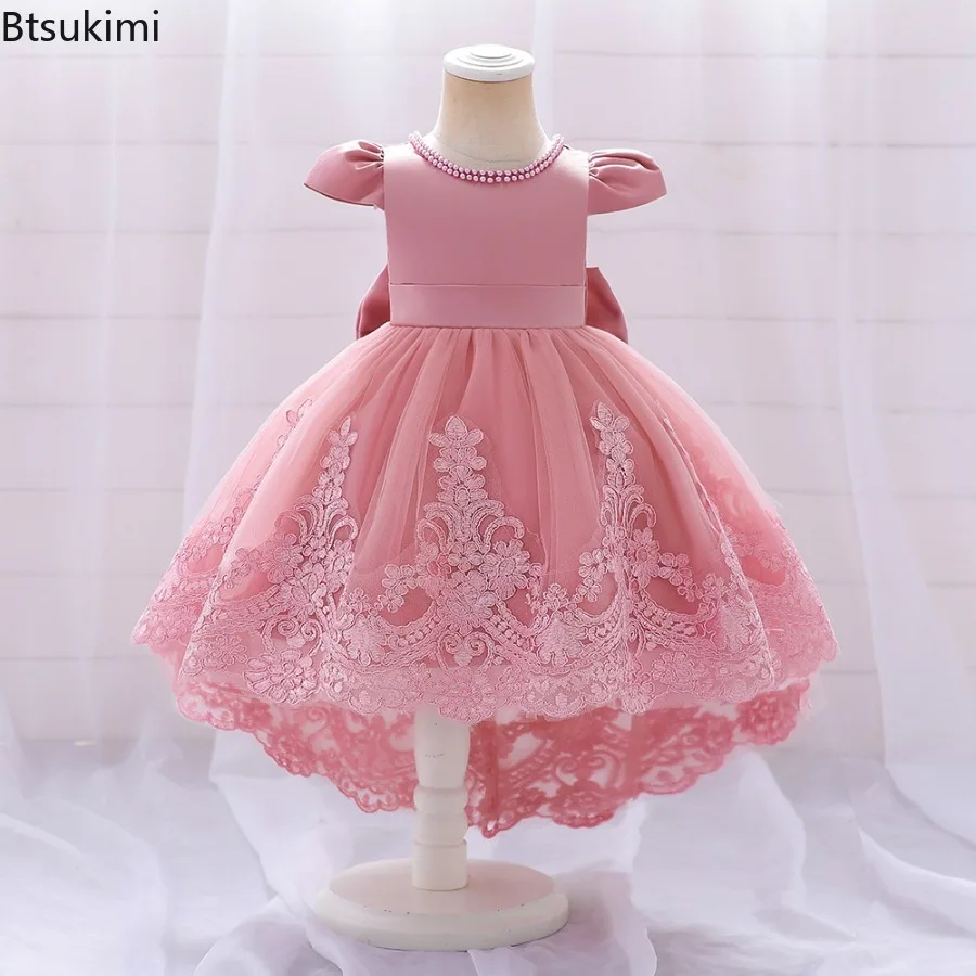 Toddler Baby Girls 1st Birthday Pink Baptism Dress Infant Bow Lace Wedding Party Dresses 0-5Y Kids Girl Trail Princess Clothes